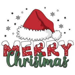 Peut inclure: Graphique de Noël avec un bonnet de Père Noël rouge et l'inscription "MERRY Christmas". Les lettres sont rouges à pois blancs et avec des accents de neige, et le mot "Christmas" est en vert cursive. Des étoiles et des flocons de neige noirs complètent le design.
