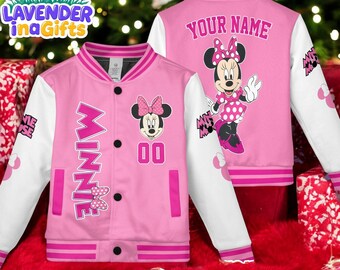 Custom Minnie Mouse Varsity Jacket, Personalized Disney Minnie Mouse Baseball Jacket, Minnie Mouse Kids Youth Adult Varsity Jacket
