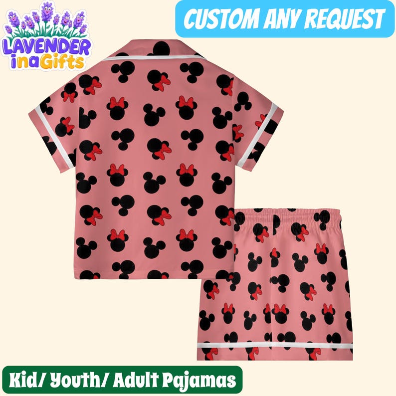 A pink pajama set with a repeating pattern of black Minnie Mouse ears and red bows.