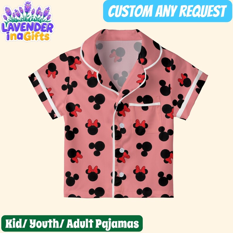A pink pajama set with a Minnie Mouse pattern, featuring a collar and buttons.