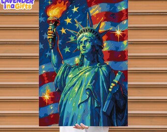 Póster de la Estatua de la Libertad con Antorcha - Arte mural patriótico con la bandera estadounidense - Decoración de la libertad de EE. UU.