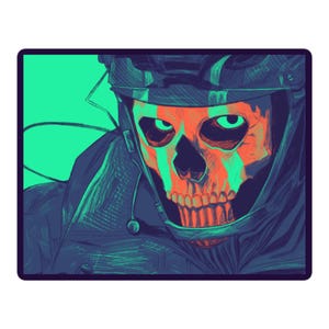 May include: Digital illustration of a skull-faced character in a tactical helmet and uniform. The skull is orange and green, with glowing green eyes. The background is a bright teal color, and the character's uniform is dark blue.
