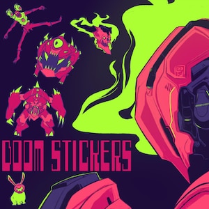Op de afbeelding: Digitale illustratie met gestileerde monsterontwerpen in tinten rood, roze en groen tegen een donkerpaarse achtergrond. De tekst "DOOM STICKERS" is prominent aanwezig. Het kunstwerk heeft een stripboek- of videogame-esthetiek.