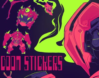 Pode incluir: Ilustração digital com vários designs de monstros estilizados em tons de vermelho, rosa e verde sobre um fundo roxo escuro. O texto "DOOM STICKERS" é exibido de forma proeminente. A obra de arte tem uma estética de banda desenhada ou videojogo.