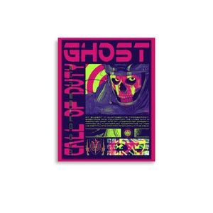 May include: A poster featuring the character "Ghost" from Call of Duty. The design includes a skull-faced character in a tactical helmet, with text that reads "GHOST" and "CALL OF DUTY". The color scheme is primarily purple, pink, and yellow.