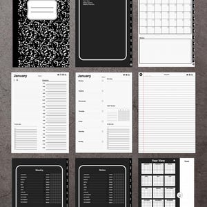 May include: Digital planner pages with a black and white composition notebook cover. The pages include calendars, to-do lists, and weekly and yearly views. Text on the pages includes "January", "Weekly", and "Notes". The phrase "Digital Planning made easy" is at the top.
