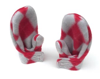 Toddler Girl Mittens - Scarlet and Gray Argyle - Toddler Mittens - Fleece Wrap Mittens