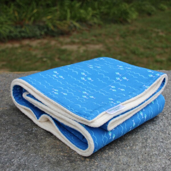 Certified Organic Sherpa Baby Blanket | Organic Baby Blanket | Organic Heirloom Blanket | Blue Fish Blanket | Gender Neutral Blanket