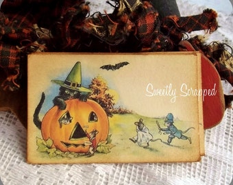 Halloween Pumpkin Labels... Black Cat, Witch, Vintage Image, No Holes or Twine