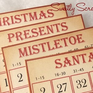 May include: Four vintage-style cards with red text on a beige background. The cards are labeled "Christmas", "Presents", "Mistletoe", and "Santa". Each card has a grid of numbers.