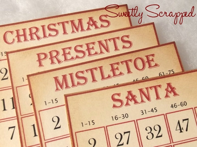 May include: Four vintage-style cards with red text on a beige background. The cards are labeled "Christmas", "Presents", "Mistletoe", and "Santa". Each card has a grid of numbers.