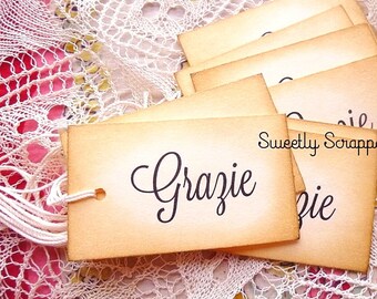 8 Grazie Tags, Thank You, Vintage, Sweet and Simple, Black, Aged