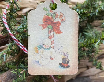 Sleepy Snowman Tags. Candy Cane. Gift Wrap. Packaging. Winter. Snow