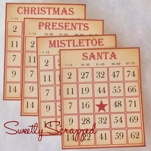 May include: Four bingo cards with a Christmas theme. The cards are beige with red borders and numbers. The cards are labeled "Christmas", "Presents", "Mistletoe", and "Santa".