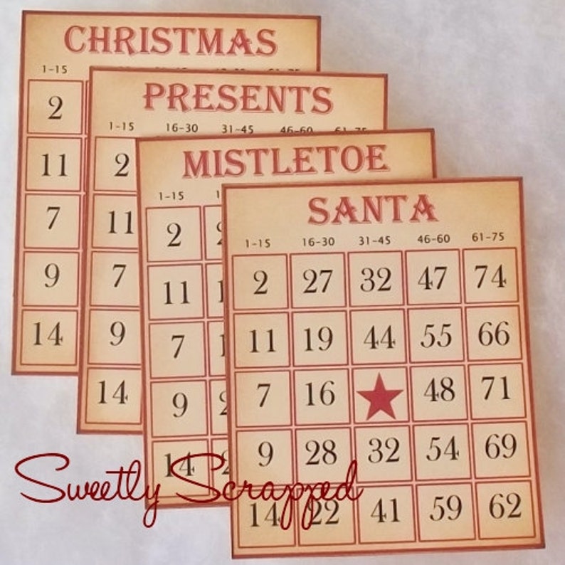 May include: Four bingo cards with a Christmas theme. The cards are beige with red borders and numbers. The cards are labeled "Christmas", "Presents", "Mistletoe", and "Santa".