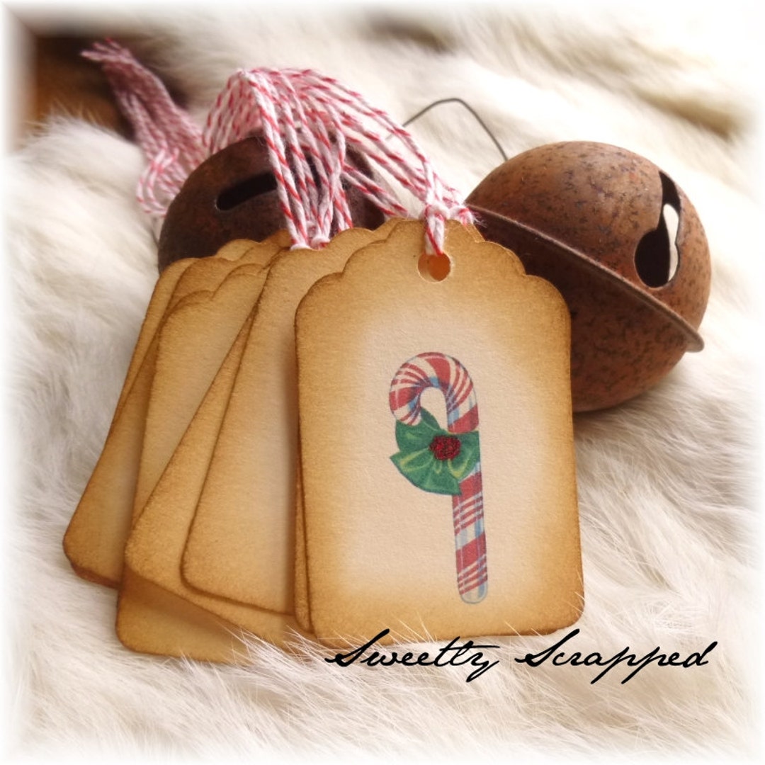 8 CANDY CANE Tags, Glittered, Red and White, Holly, Christmas Tags ...