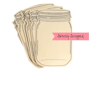 May include: A stack of six blank mason jar shaped cards with a black outline. The cards are cream colored and have a pink ribbon with the text "Sweetly Scrapped" printed on it.