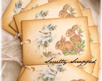 Snow Bunnies and Birds, Winter Scene, Tags, Gift Packaging, Rabbit 8