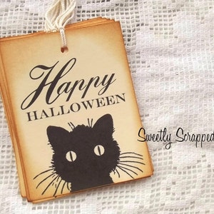 Black Cat - Happy Halloween Tags, Vintage Tags Look, Black