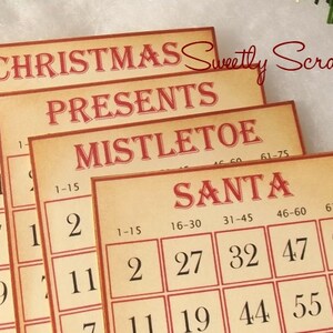 May include: Four vintage-style bingo cards with red and black text. The cards are labeled "Christmas Presents", "Mistletoe", and "Santa". Each card has a grid of numbers from 1 to 75.