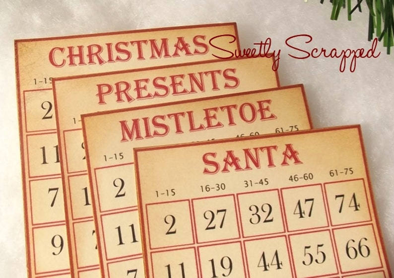 May include: Four vintage-style bingo cards with red and black text. The cards are labeled "Christmas Presents", "Mistletoe", and "Santa". Each card has a grid of numbers from 1 to 75.