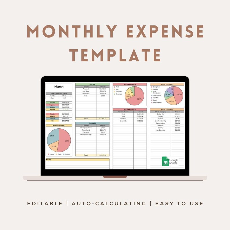 Simple Expense Table Monthly Expense Google Sheet Template - Budget Template, Expense ...