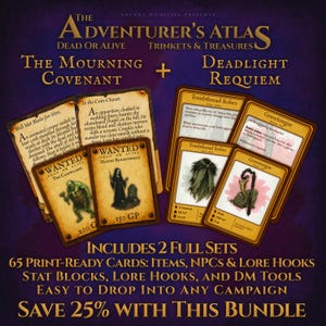 Puede incluir: Un anuncio de un paquete de cartas de juego de rol de fantasía. Las cartas presentan ilustraciones y texto, con títulos como "The Mourning Covenant" y "Deadlight Requiem". El texto incluye carteles de "Se busca" y descripciones de objetos. El paquete incluye 65 cartas listas para imprimir.