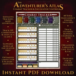 Könnte beinhalten: The Adventurer's Atlas Kampf-Tracker und Encounter-Control-PDF. Enthält Initiative-Tracking, Spieler- und Monsterstatistiken sowie Statuseffekt-Token. Entwickelt für 5E-Kampf-Tracking. Sofortiger PDF-Download.