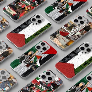 Op de afbeelding: Een verzameling smartphonehoesjes met diverse ontwerpen. Sommige hoesjes tonen de Palestijnse vlag, terwijl andere collages van afbeeldingen en tekst weergeven. De hoesjes zijn in verschillende kleuren, waaronder rood, groen, zwart en wit.