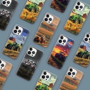 Könnte beinhalten: Eine Sammlung von Handyhüllen mit Bauernhofszenen. Die Hüllen zeigen Traktoren auf Feldern, Scheunen und Sonnenuntergänge. Die Farbpalette umfasst Grün-, Orange-, Rot- und Blautöne und schafft ein ländliches und landwirtschaftliches Thema.