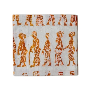 May include: Square white fabric with a repeating pattern of orange figures in traditional clothing. The figures are walking in a line, with detailed designs on their clothing and accessories. The fabric has a textured appearance.
