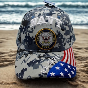 U.S Navy Adjustable Hat. Navy Cap, Military Service Hat. US Navy Hat. Navy With American Flag Cap with Embroidered Seal. Navy Camo Hat