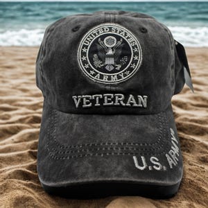 U.S. Army Veteran Hat, Black Washed Military Cap with Embroidered Seal, Adjustable Army Veteran Baseball Cap, Patriotic Army Veteran Gift
