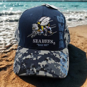 Navy Seabees Hat “Can Do” Digital Camo Cap, US Navy Veteran Military Baseball Hat Embroidered Bee Logo Patriotic Gift, US Navy Seabees.