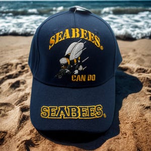 US Navy Seabees Hat “Can Do” Blue Cap, US Navy Veteran Military Baseball Hat Embroidered Bee Logo Gift, US Navy Seabees. Seabees Hat