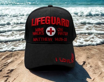 Gorra de salvavidas con fe. Gorra cristiana bordada "Él camina sobre el agua". Versículo bíblico: Mateo 14:25-33. Gorra negra inspiradora. Gorra cristiana para hombre.