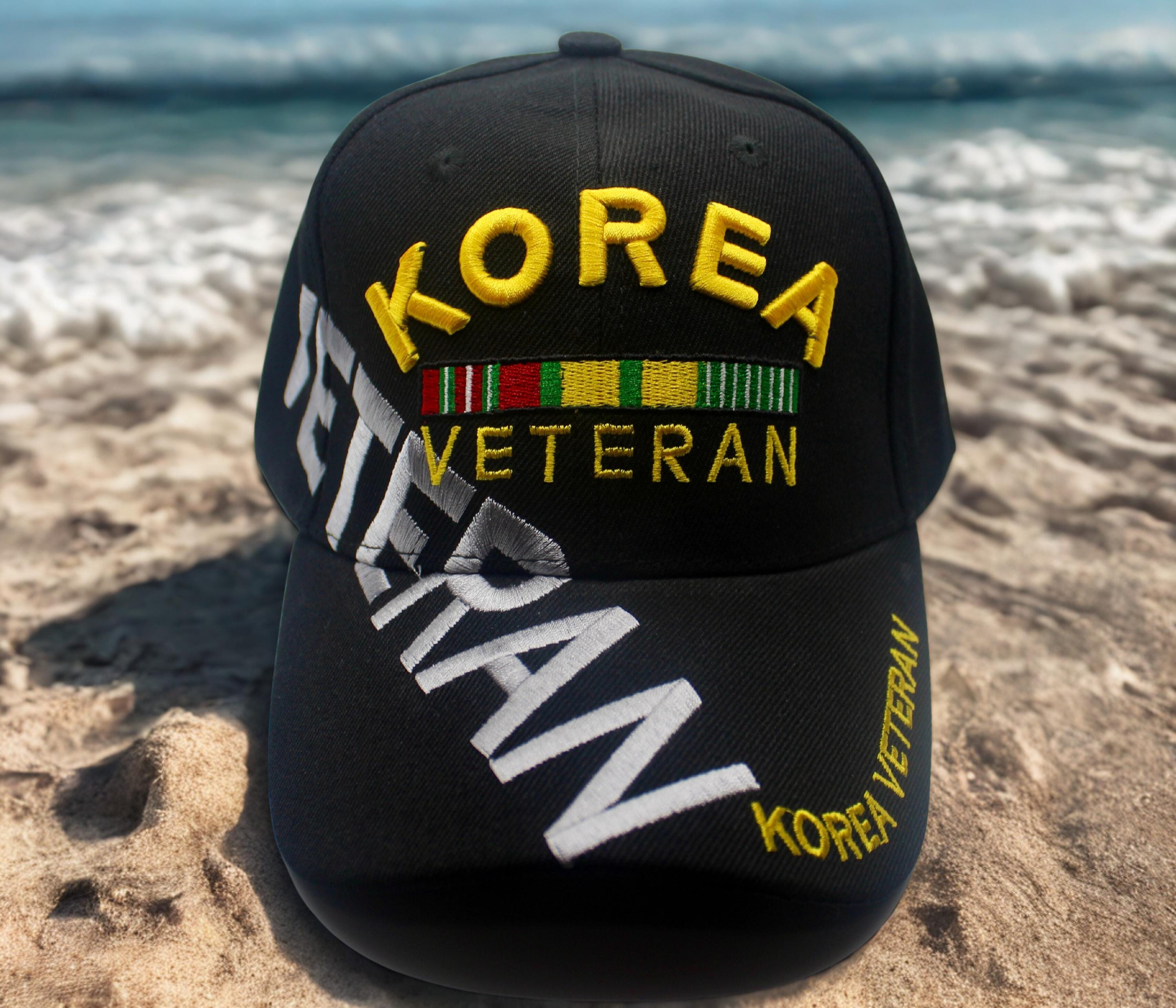 韓国軍　朝鮮戦争　退役軍人　ベスト,帽子 朝鮮戦争退役軍人用キャップ、従軍リボン付き兵役帽子、黒帽子。朝鮮