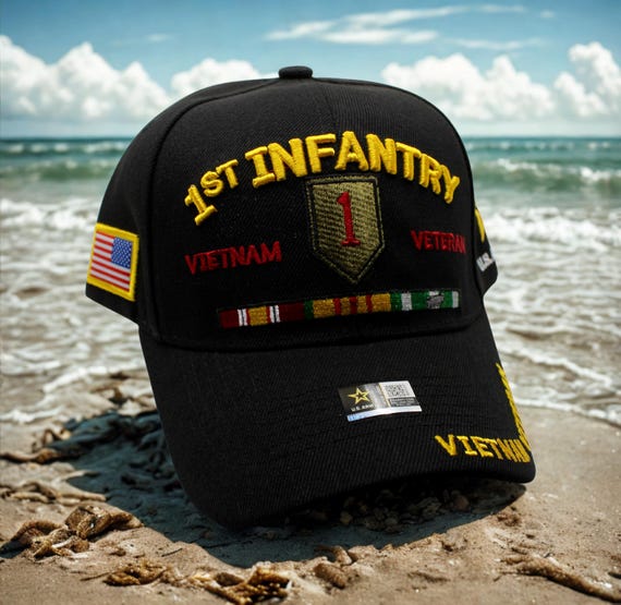 U.S. Army Vietnam Veteran 1st Infantry Division Patch Hat - Black Adjustable Baseball Cap, Made In USA