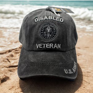 U.S. Army Disabled Veteran Hat, Black Washed Military Cap with Embroidered Seal, Adjustable Army Veteran Baseball Cap, Army Veteran Gift