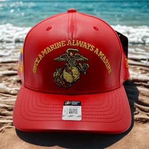 Deluxe U.S. Marine Hat – Once a Marine, Always a Marine Red Hat – Top Quality USMC Veteran Cap – Gift for Marines. Marine Faux Leather Hat