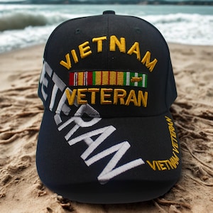 Vietnam War Veteran Cap, Military Service Hat with Campaign Ribbon, Vietnam Veteran Black Hat. Vietnam War Veteran Baseball Hat. Veteran Hat
