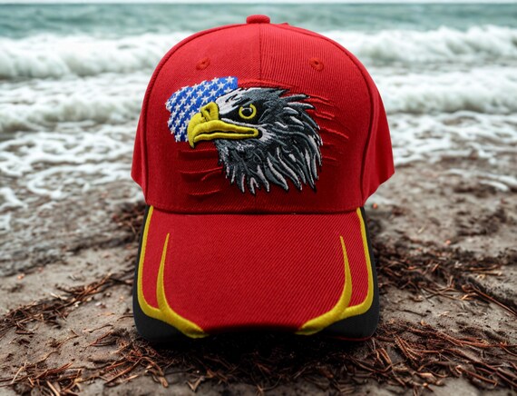 Patriotic Red Hat. USA Eagle Hat. Embroidered American Flag & Bald
