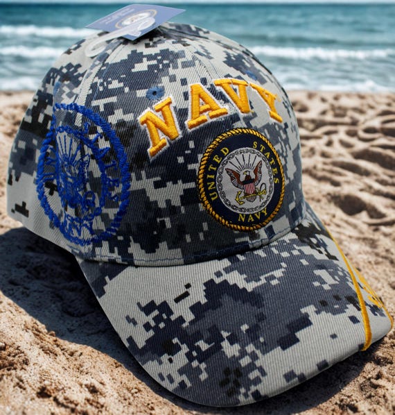 アメリカ海軍キャップ、迷彩ミリタリーUSNハット、ゴールド刺繍入り