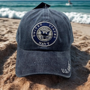 U.S Navy Hat. Navy Cap, Military Service Hat. US Navy Baseball Hat. Navy Blue Washed Military Cap with Embroidered Seal. Navy Adjustable Hat
