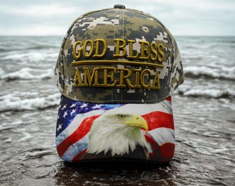 Patriotic USA Hat. Embroidered American Flag & God Bless America Cap. Veteran Hat. USA Camo Baseball Hat. Eagle Hat. God Bless America Hat