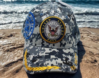 アメリカ国旗入りアメリカ海軍帽子。刺繍入り海軍退役軍人キャップ