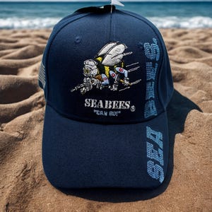 US Navy Seabees Hat “Can Do” Blue Cap, US Navy Veteran Military Baseball Hat Embroidered Bee Logo Gift, US Navy Seabees. Seabees Hat