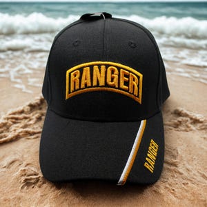U.S. Army Ranger Hat, Official Licensed Army Hat, Embroidered Army Ranger Black Hat. Gold Embroidered Adjustable Cap for Veterans. US Army
