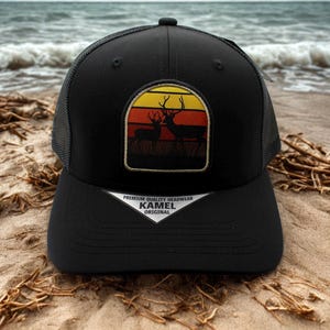 Deer Sunset Trucker Hat. Embroidered Wildlife Patch Outdoor Cap. Adjustable Mesh Hunting Black Hat. Deer Sunset Embroidered Hat. Deer Hat