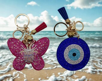 Crystal Rhinestone Purse Keychain, Butterfly & Evil Eye Designs, Sparkly Bag Keychain,  Key Ring Gift, Sold Individually. Handmade Keychain